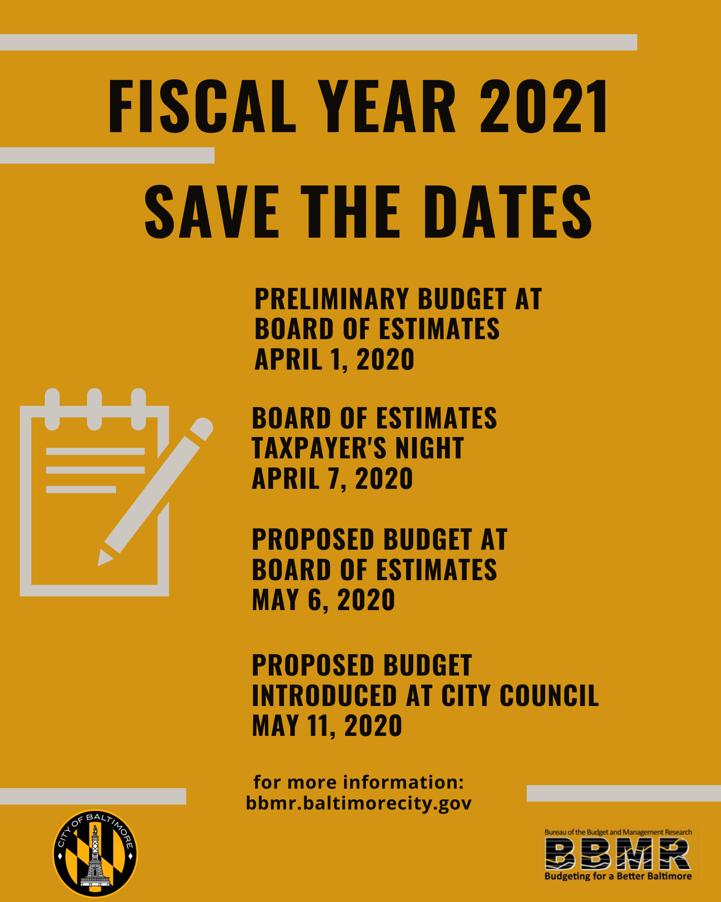 Major dates for Fiscal Year 2021 budget planning